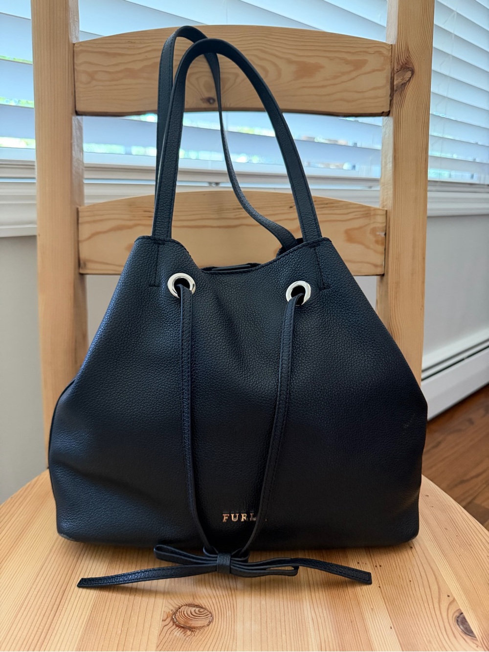 Furla Black Pebbled Leather Drawstring Shoulder Bag